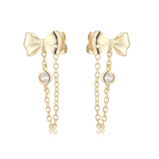 עגיל שרשרת זהב בשיבוץ אבני זרקוניה בצורת פפיון